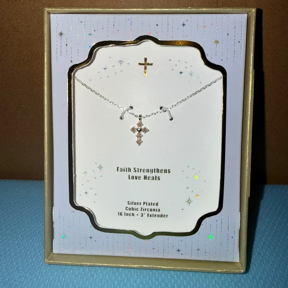 Cross Necklace NEW Silver Plated Cubic Zirconia Heart Pendant